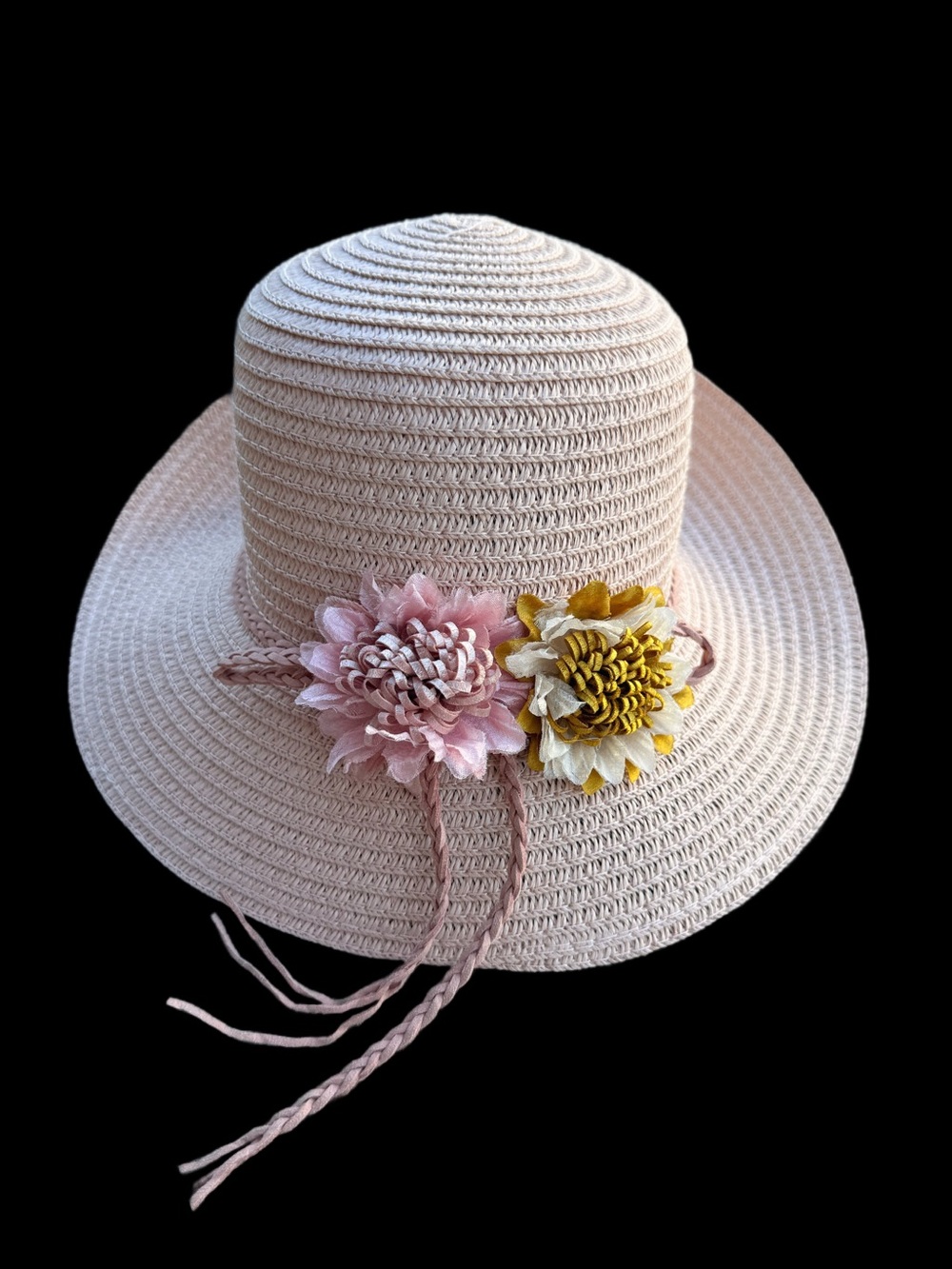Straw Sun Hat with Pink and Yellow Flower Accents kids paper hat